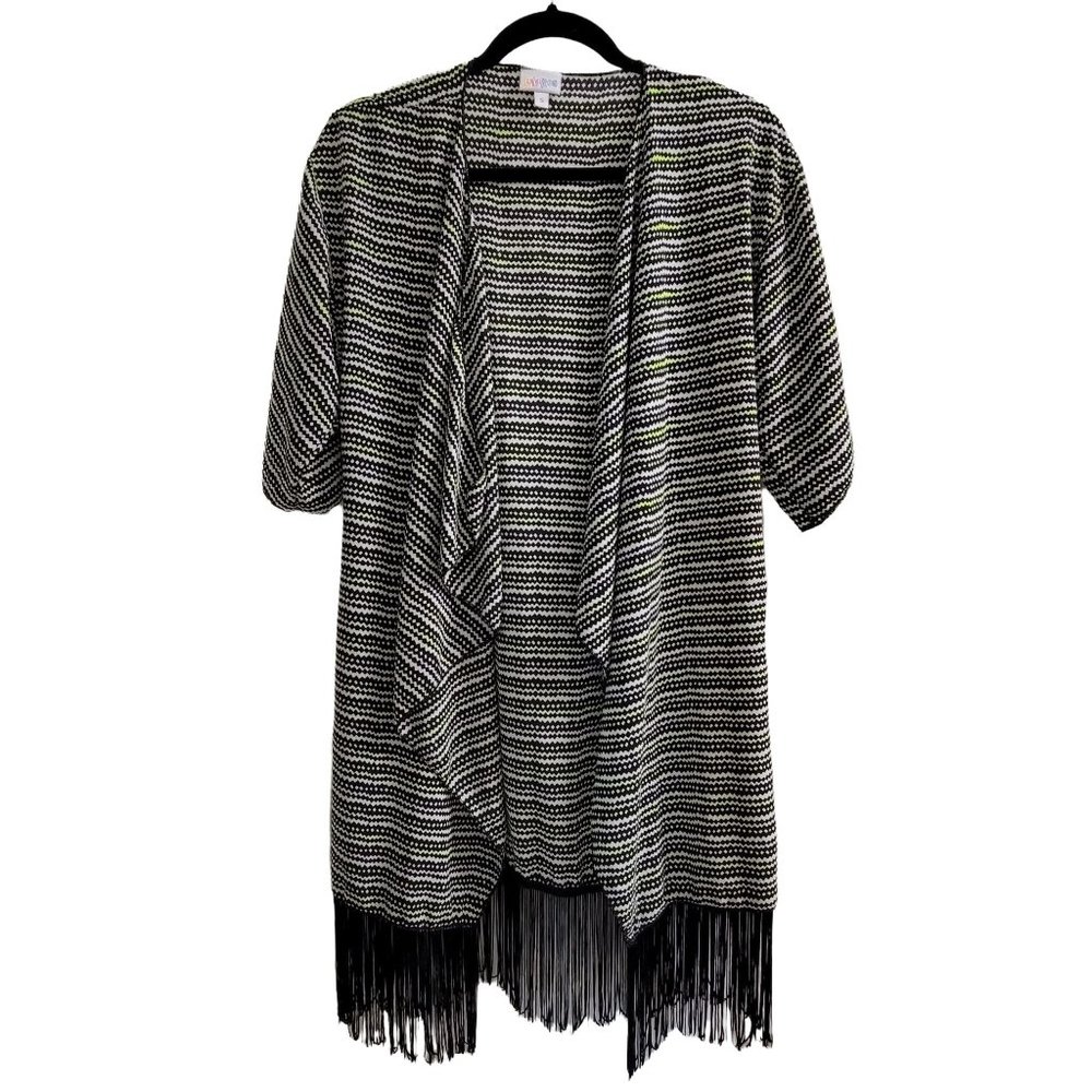 LulaRoe Small Black, White, and Neon Print Open Front Fringe Hem Cardigan 1042